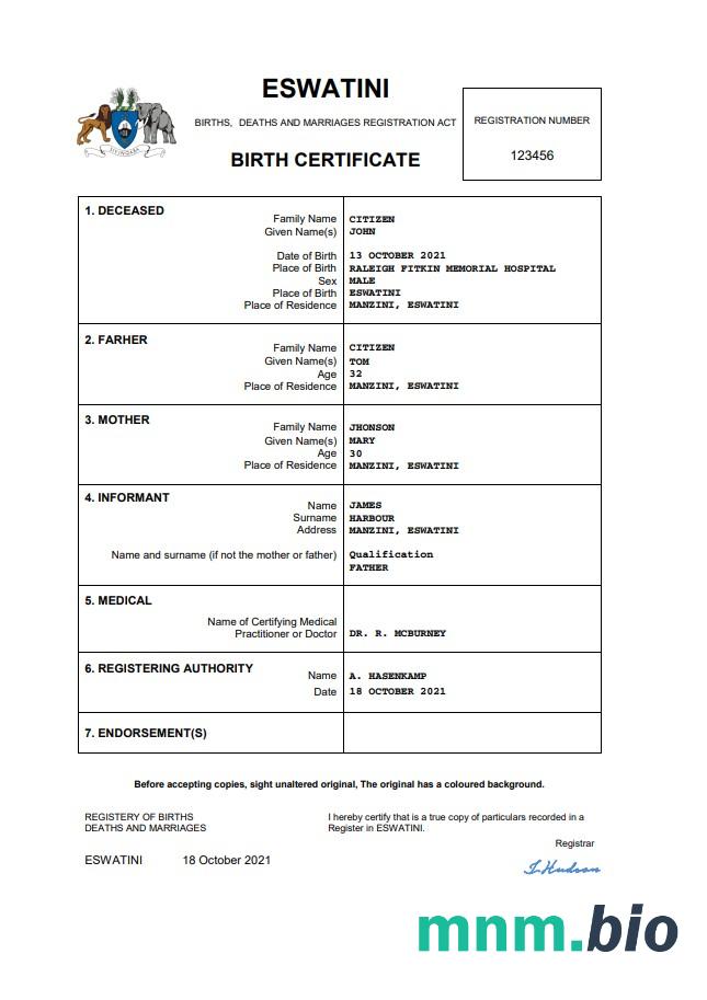 Eswatini narodziny certyfikat Word i PDF szablon